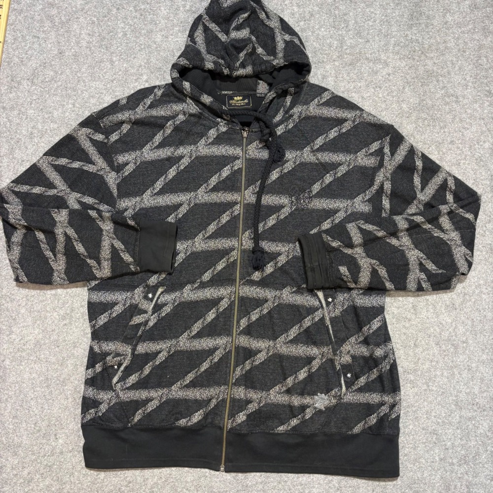 Akademiks Mens XL Full Zip Hoodie Black Grey Geometric Print Streetwear Cotton
